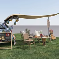 Outdoor Table Setup For Camping With Canopy Car Chairs And Decorative Items On Grass