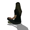 A woman sitting cross-legged in black top black pants and green shoes with long hair