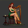 Red Haired Woman Statue In Green Dress Playing Harp On Stool With Table Apple And Book