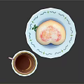 Brown Drink in Pink Teacup with Light Blue Coaster and Sandwich on Light Blue Plate