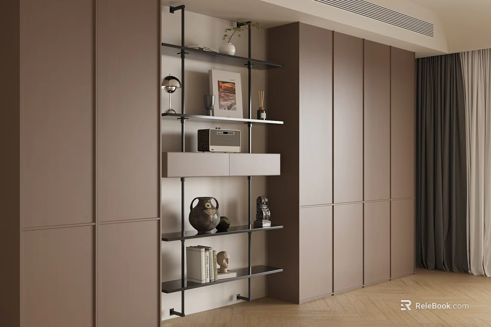 Modern Bookcase Featuring Metal Frame Glass Shelves Books And Decorative Items 3d model 