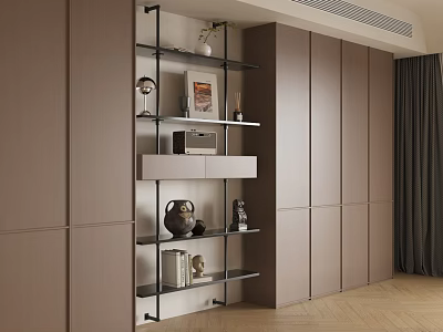 Modern Bookcase Featuring Metal Frame Glass Shelves Books And Decorative Items 3d model