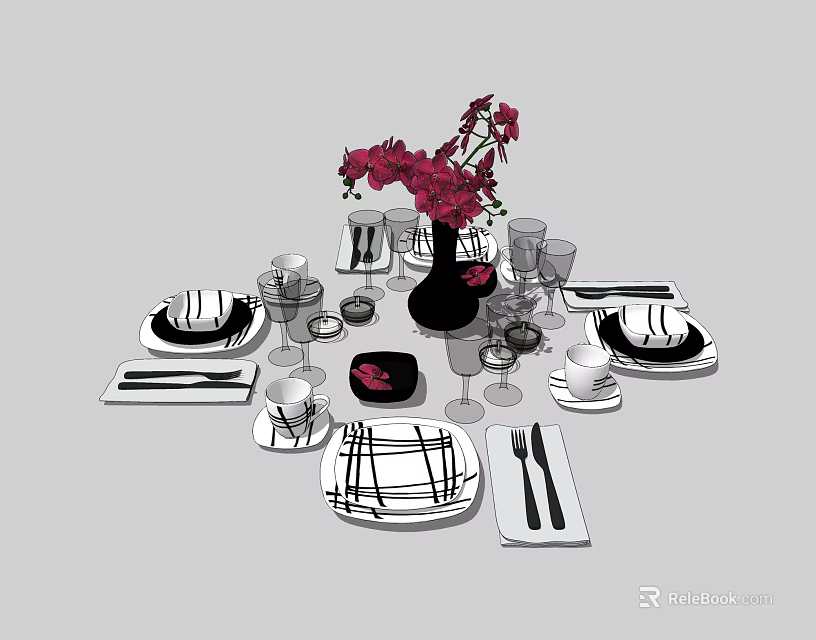 Elegant Dinnerware Set With Plates Glasses Cutlery And Red Flower Vase Arrangement 3d model 