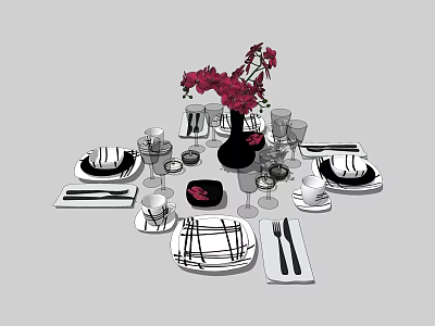 Elegant Dinnerware Set With Plates Glasses Cutlery And Red Flower Vase Arrangement 3d model