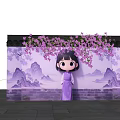 Scenic Wall With Purple Flowering Vines Cartoon Girl In Purple Hanfu And Landscape Painting