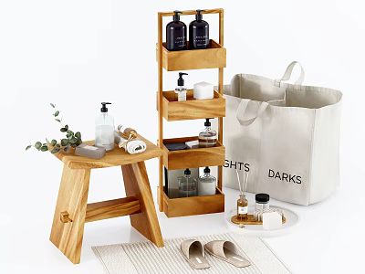Wooden Bathroom Accessories with Shelf Stool Soap Dispenser Towel Slippers and Canvas Bag 3d model