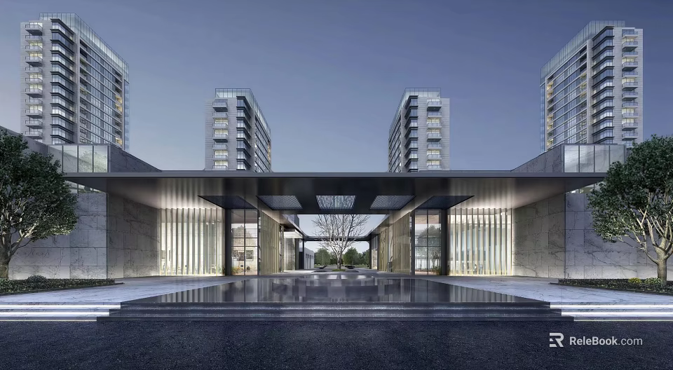Modern Entrance Gate Design With Glass Doors Water Pool And High Rise Buildings 3d model 