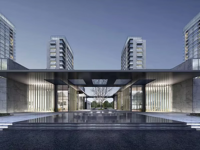 Modern Entrance Gate Design With Glass Doors Water Pool And High Rise Buildings 3d model