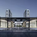 Modern Entrance Gate Design With Glass Doors Water Pool And High Rise Buildings
