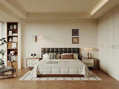 Cozy Bedroom Interior Design With Dark Headboard Striped Bedding Nightstands Table Lamps And Herringbone Rug 3d model