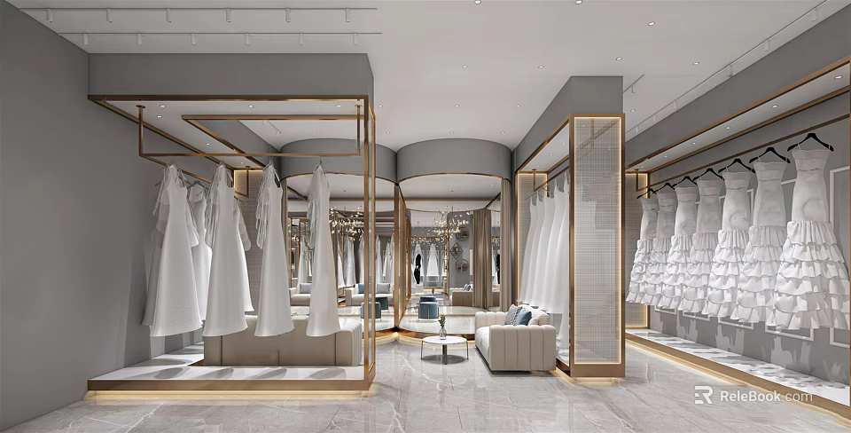 Elegant Modern Bridal Shop Interior With Hanging Wedding Dresses Mirrors And Sofa 3d model 
