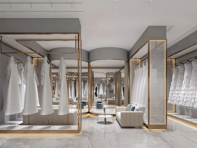 Elegant Modern Bridal Shop Interior With Hanging Wedding Dresses Mirrors And Sofa 3d model