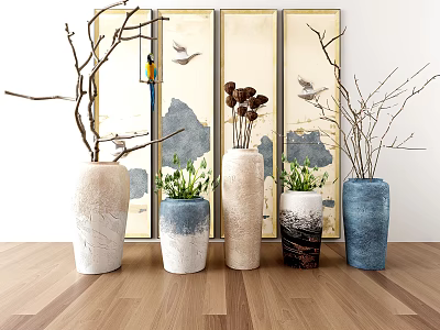 Decorative Ceramic Vases With Branches Dried Flowers And Green Plants In Interior 3d model