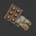 Wooden Crate With Clay Pots And Stacked Sacks Of Spilled Grains