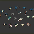 Group of Cartoon Characters in Various Professional Uniforms Standing Together Against Gray Reflective Floor