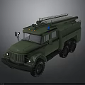 Green Military Off Road Truck with Roof Ladder Rack Blue Warning Light and Large Tires