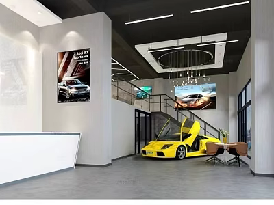 Car Dealership Showroom Featuring Yellow Sports Car With Open Doors And Reception Area 3d model