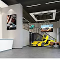 Car Dealership Showroom Featuring Yellow Sports Car With Open Doors And Reception Area