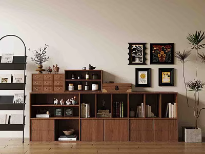 Wooden Bookcase with Compartments Drawers Books Decorations and Wall Paintings in Warm Minimalist Style 3d model