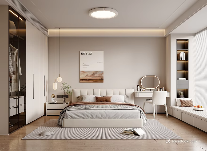 Modern Bedroom With White Wardrobes Bed Wall Art Pendant Lights Dressing Table And Window Seating 3d model 