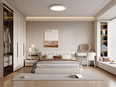 Modern Bedroom With White Wardrobes Bed Wall Art Pendant Lights Dressing Table And Window Seating 3d model