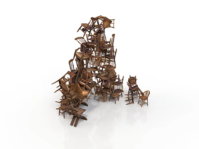Stacked Wooden Chairs In Sculptural Pile As Unique Furniture Art 3d model