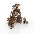 Stacked Wooden Chairs In Sculptural Pile As Unique Furniture Art