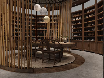 Traditional Chinese Teahouse Interior With Bamboo Partitions Round Wooden Table Chairs Bookshelves And Hanging Lamps 3d model