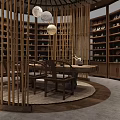 Traditional Chinese Teahouse Interior With Bamboo Partitions Round Wooden Table Chairs Bookshelves And Hanging Lamps