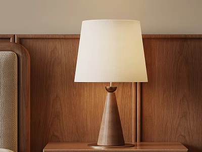 Wooden Table Lamp With Beige Lampshade On Wooden Nightstand Against Wooden Background Wall 3d model