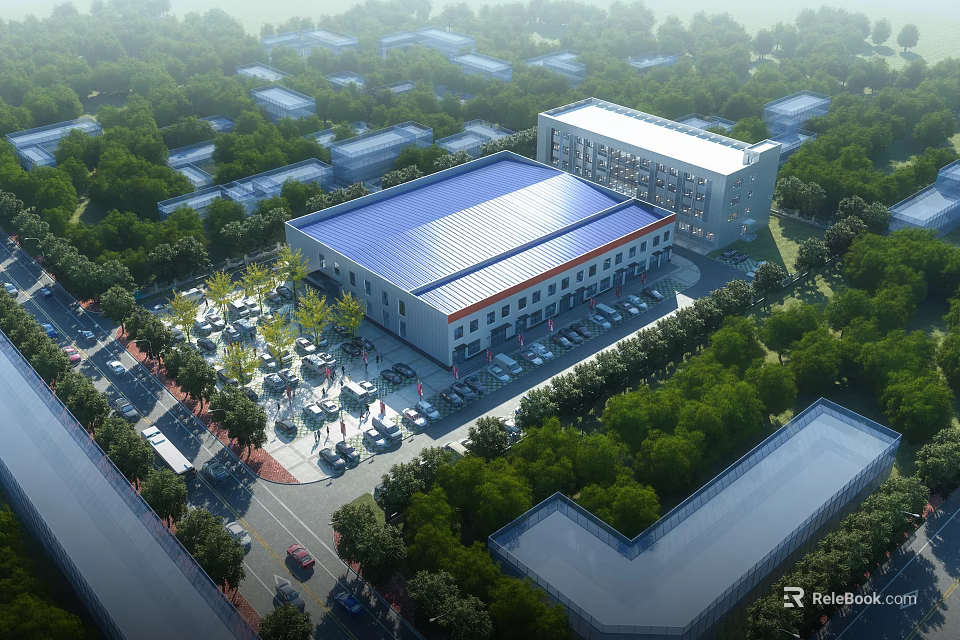 Industrial Factory Building With Blue Roof Surrounding Green Trees Parking Lot And Parked Vehicles 3d model 
