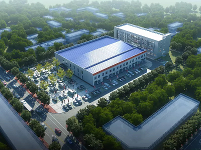 Industrial Factory Building With Blue Roof Surrounding Green Trees Parking Lot And Parked Vehicles 3d model