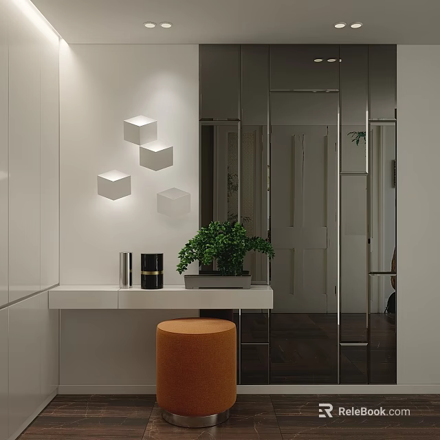 Modern Entryway with 3D Cube Decor White Console Table Potted Plant Orange Stool Large Mirror 3d model 