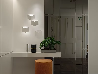 Modern Entryway with 3D Cube Decor White Console Table Potted Plant Orange Stool Large Mirror 3d model