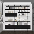 Modern Black Multi tiered Bookcase With Stacked Books And Decorative Items