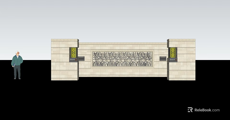 Stone Feature Wall with Intricate Carved Patterns and Decorative Side Panels 3d model