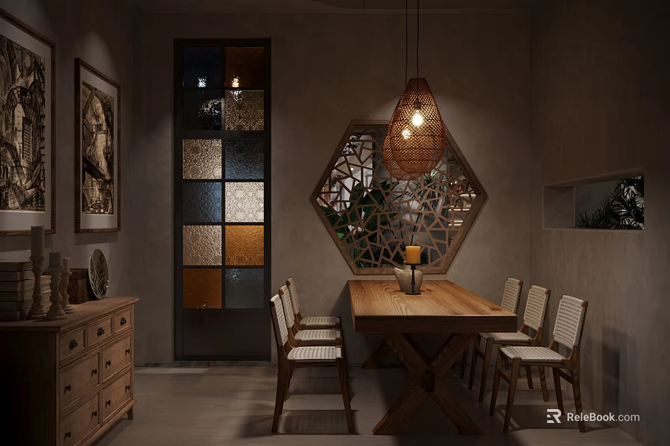 Rustic Restaurant Interior With Wooden Dining Table Chairs Pendant Light And Decorative Partition 3d model