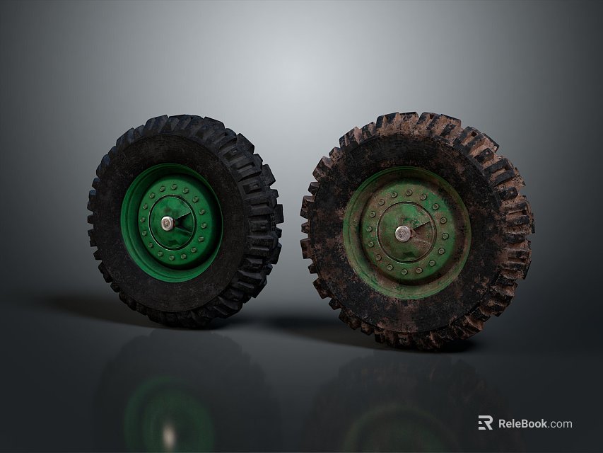 Two Worn Tires With Green Rims And Rusty Tread On Dark Reflective Surface 3d model 