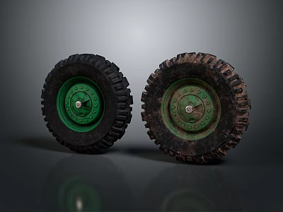 Two Worn Tires With Green Rims And Rusty Tread On Dark Reflective Surface 3d model