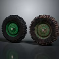 Two Worn Tires With Green Rims And Rusty Tread On Dark Reflective Surface