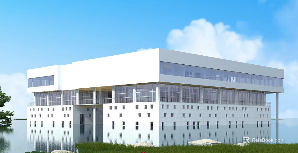 Modern White Sports Fitness Center With Large Glass Windows Grass And Waterfront Area 3d model 