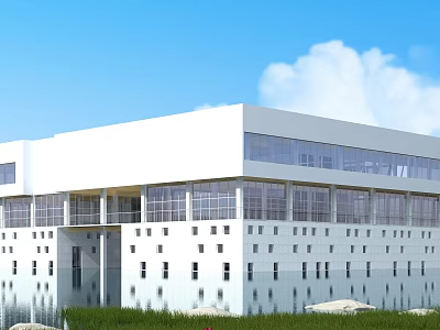 Modern White Sports Fitness Center With Large Glass Windows Grass And Waterfront Area 3d model