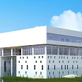Modern White Sports Fitness Center With Large Glass Windows Grass And Waterfront Area