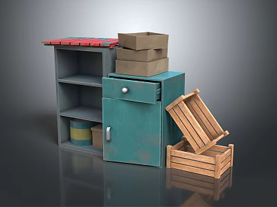 Furniture Gray Open Shelf With Red Top Green Cabinet Stacked Brown Boxes Open Wooden Crate 3d model