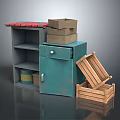 Furniture Gray Open Shelf With Red Top Green Cabinet Stacked Brown Boxes Open Wooden Crate