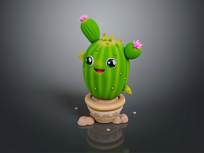 Cartoon Cactus With Smiling Face Big Eyes And Pink Flowers In Terracotta Pot 3d model