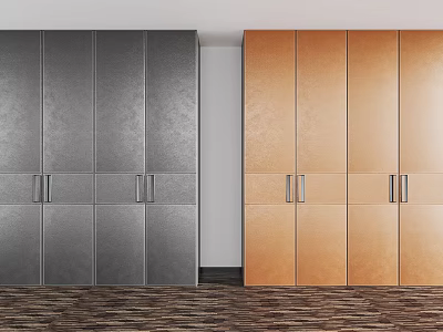 Modern Gray and Orange Wardrobes with Sleek Cabinet Doors and Metal Handles 3d model