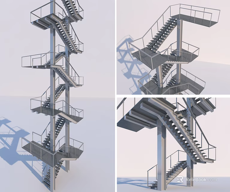 Modern Metal Staircase With Multi Level Platforms And Geometric Handrails Design 3d model