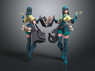 Green Haired Female Character With Yellow Top Green Shorts Backpack Scrolls And Hook Tool 3d model