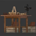 Rustic Dining Table Set With Chessboard Chess Pieces Fan And Wooden Crate